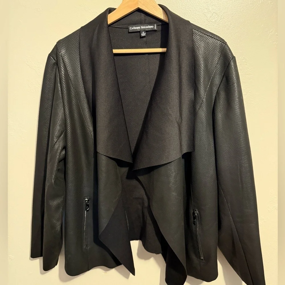 Catherine Malandrino Jacket 1X Black Faux Leather Snake Print Draped Open Front